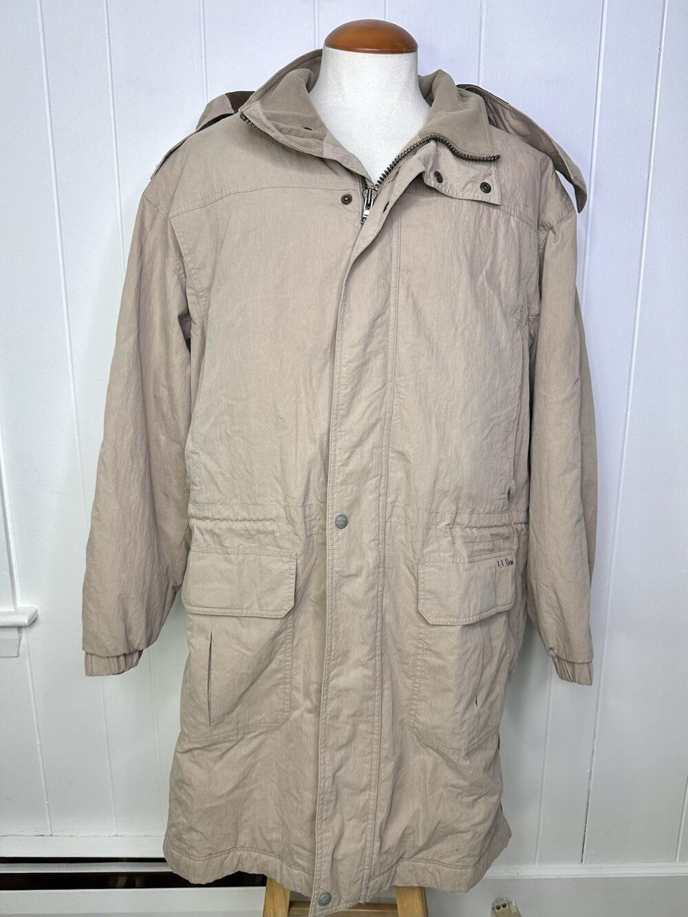 LL Bean Wool Plaid Lined Parka PrimaLoft Hooded Coat Mens XL - Quilted Beige